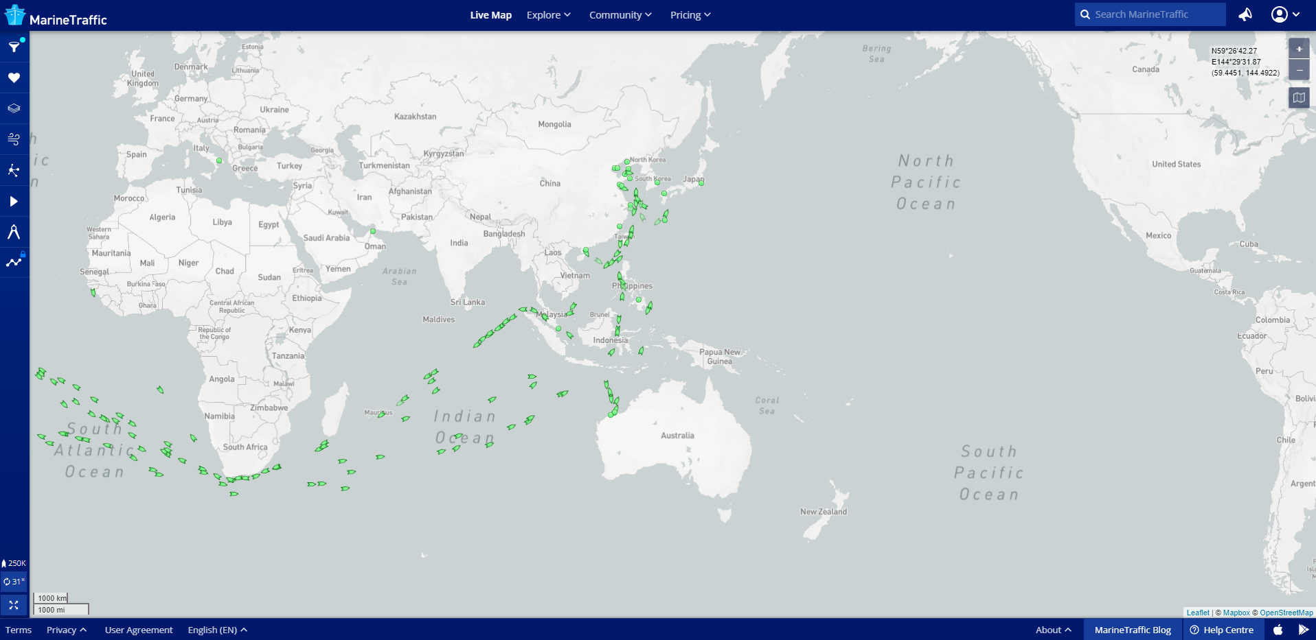 MarineTraffic Live Map shows current iron ore vessel movements between Australia and Japan