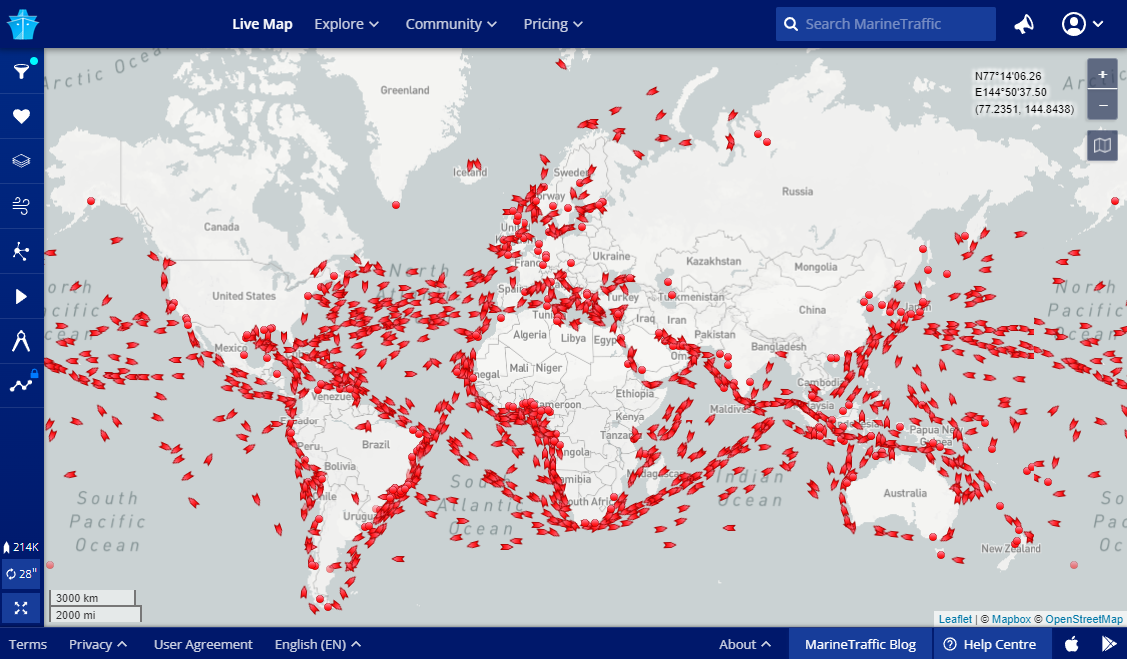 Global picture of tanker traffic worldwide as seen on the MarineTraffic Live Map