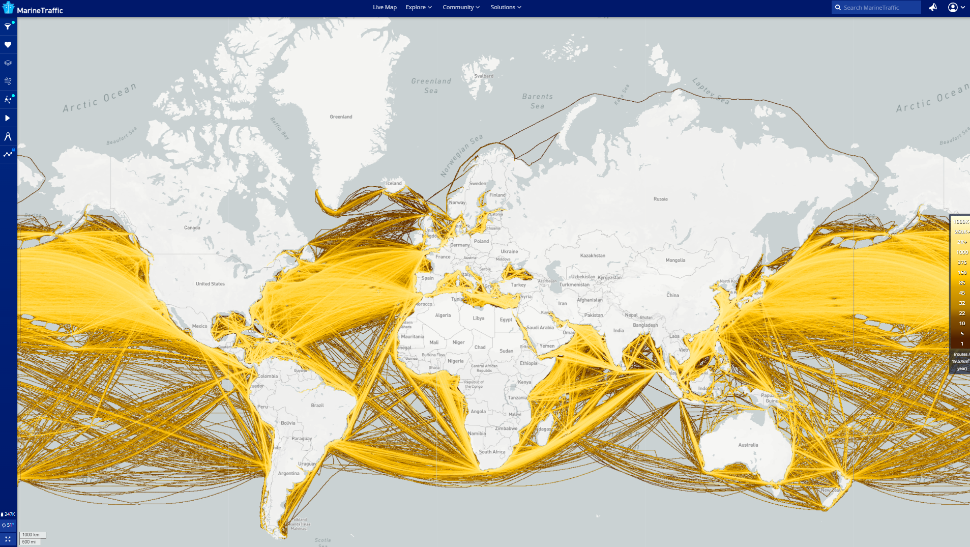 Containership movements in 2021 captured by MarineTraffic