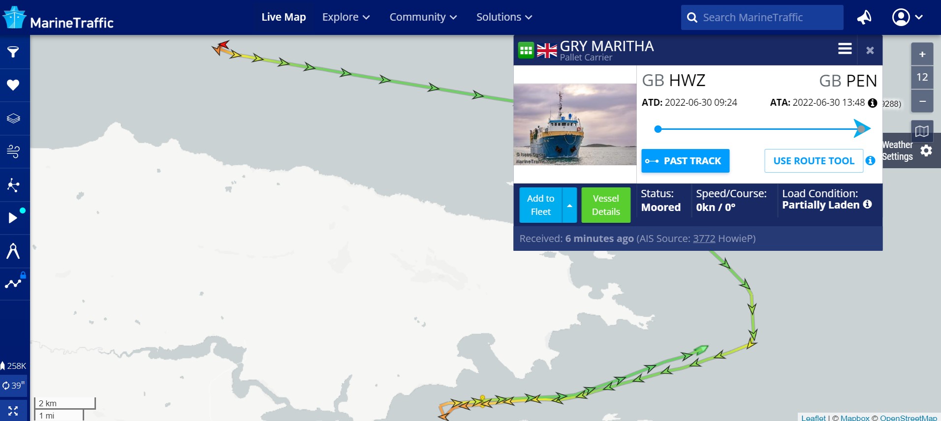 Ship Gry Maritha operates between Penzance and Hugh Town. Source: MarineTraffic