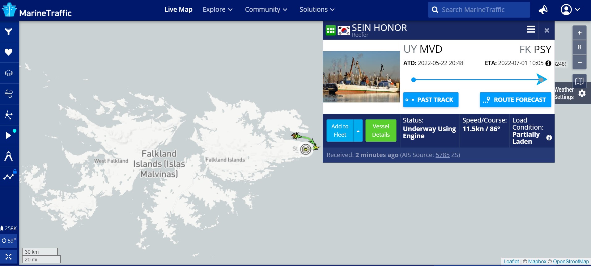 MarineTraffic ship tracking data shows the Sein Honor recent path
