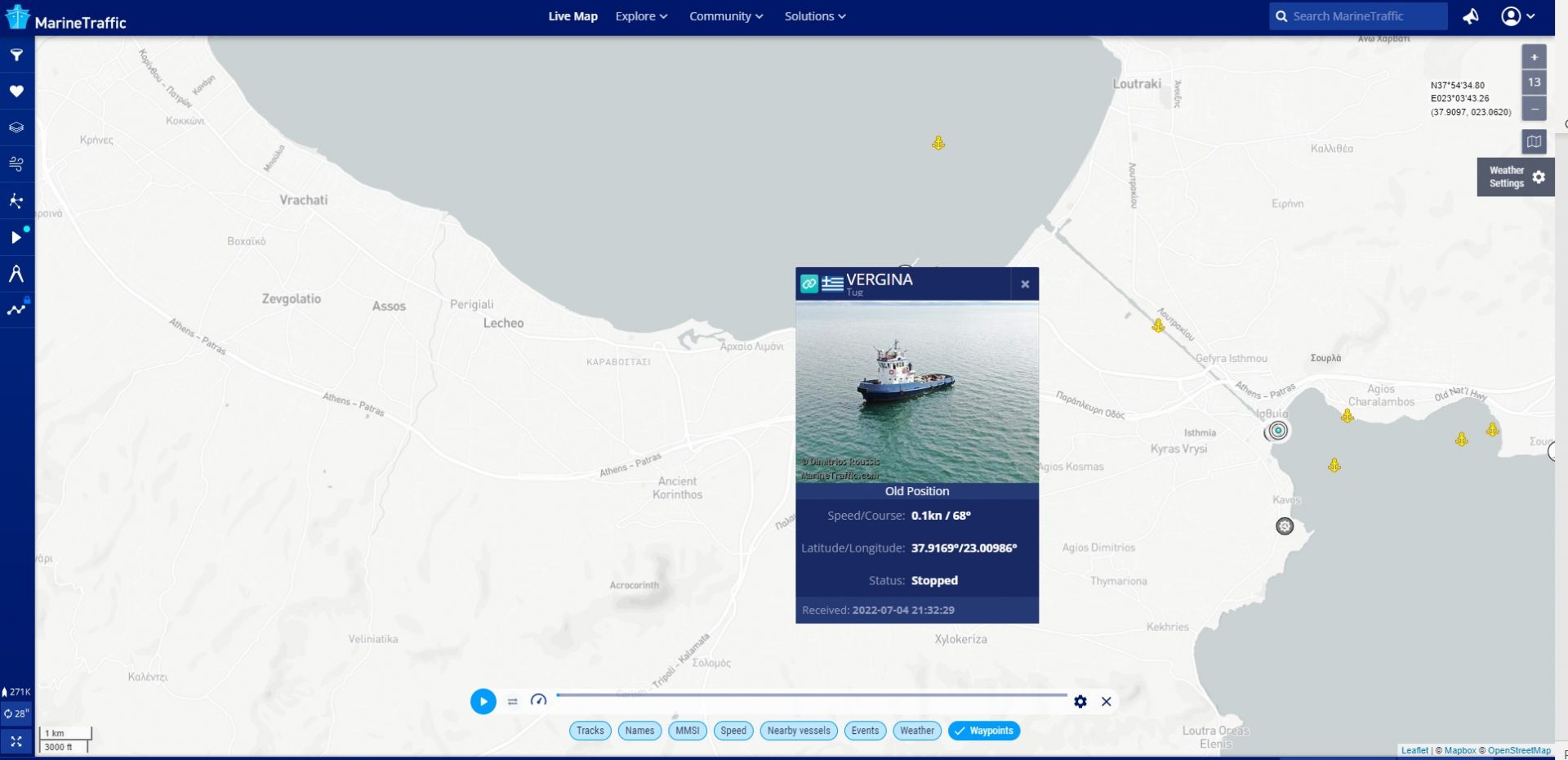 MarineTraffic data plots tug Vergina on the Saronic Gulf on 8 July