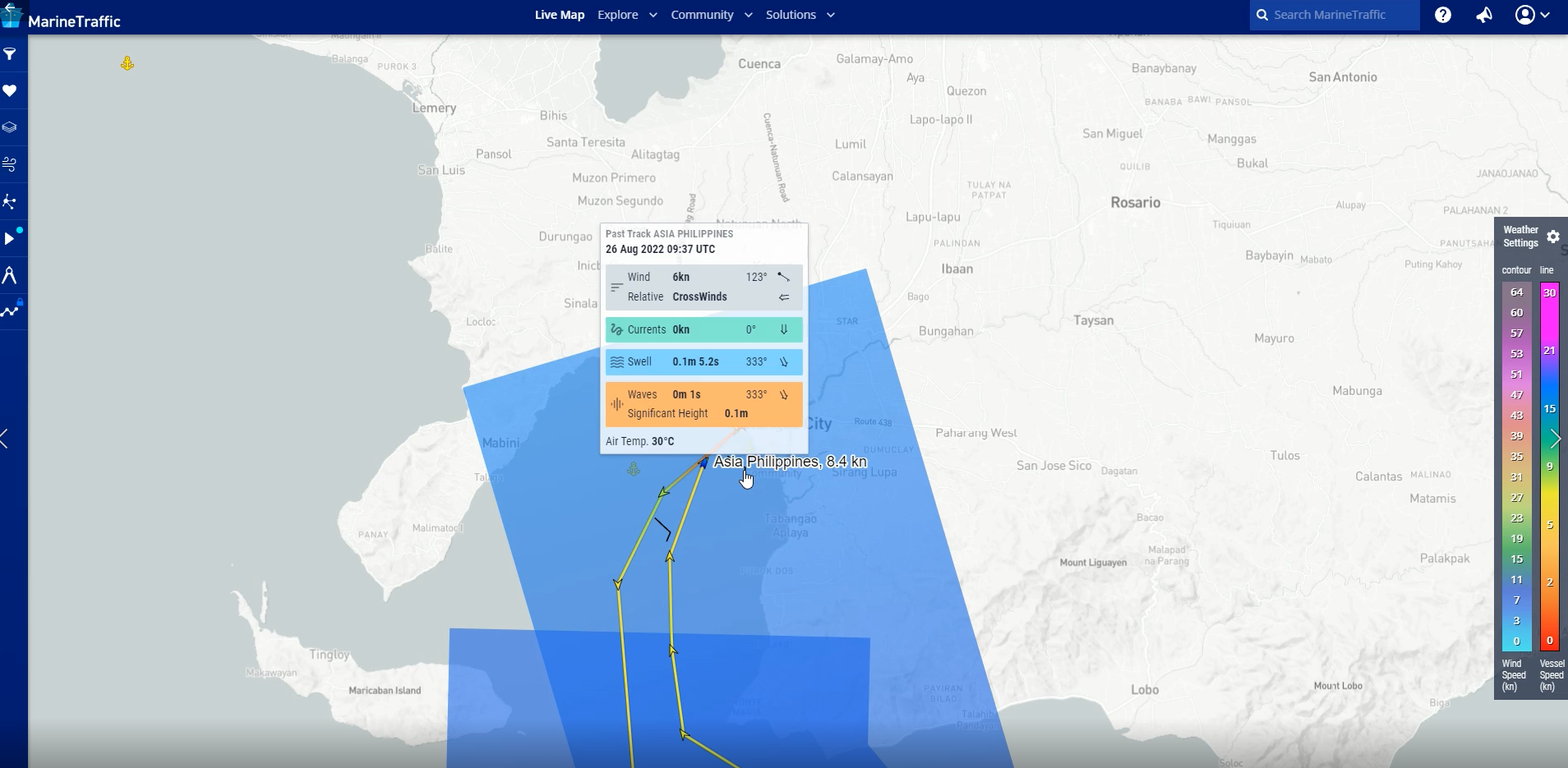 MarineTraffic data shows the weather conditions at a given point during the vessel’s journey