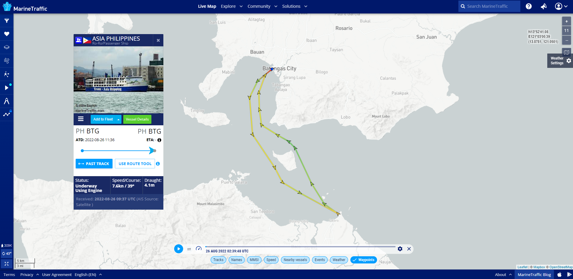 Photo and route of MV Asia Philippines as seen on marinetraffic.com