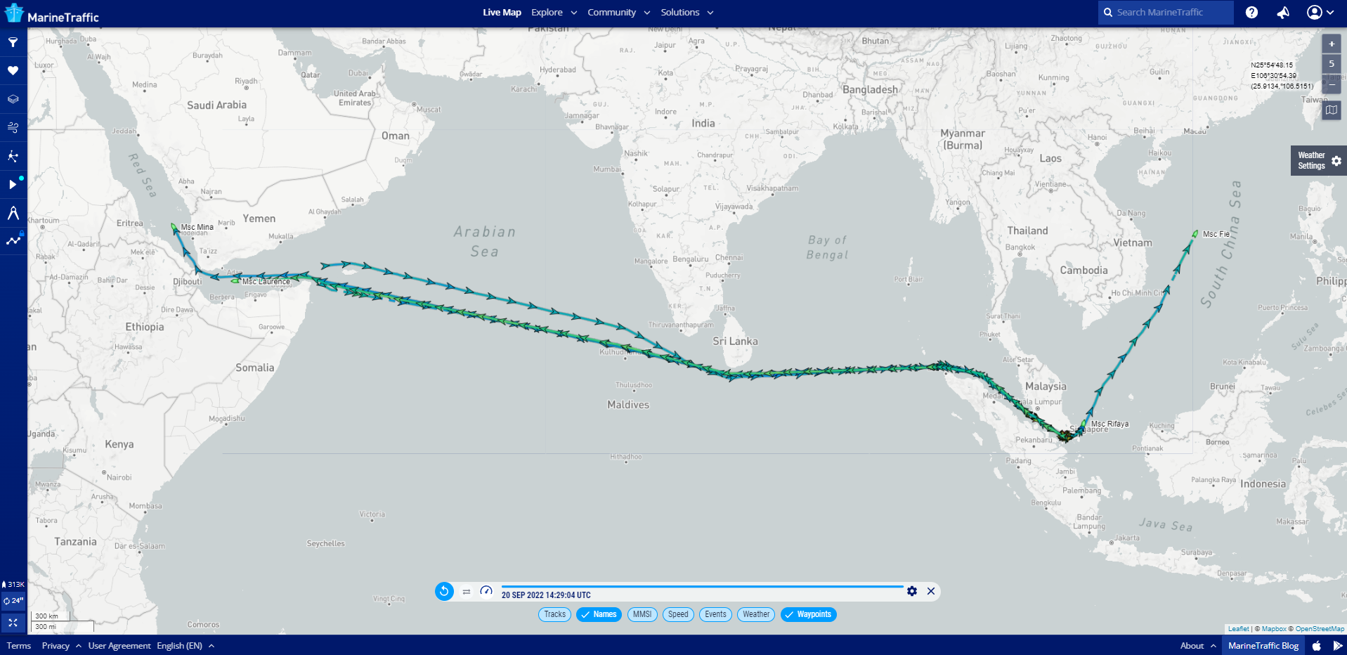 Four MSC vessels - Fie, Rifaya, Mina and Laurence - can be tracked passing the southern tip of Sri Lanka in September 