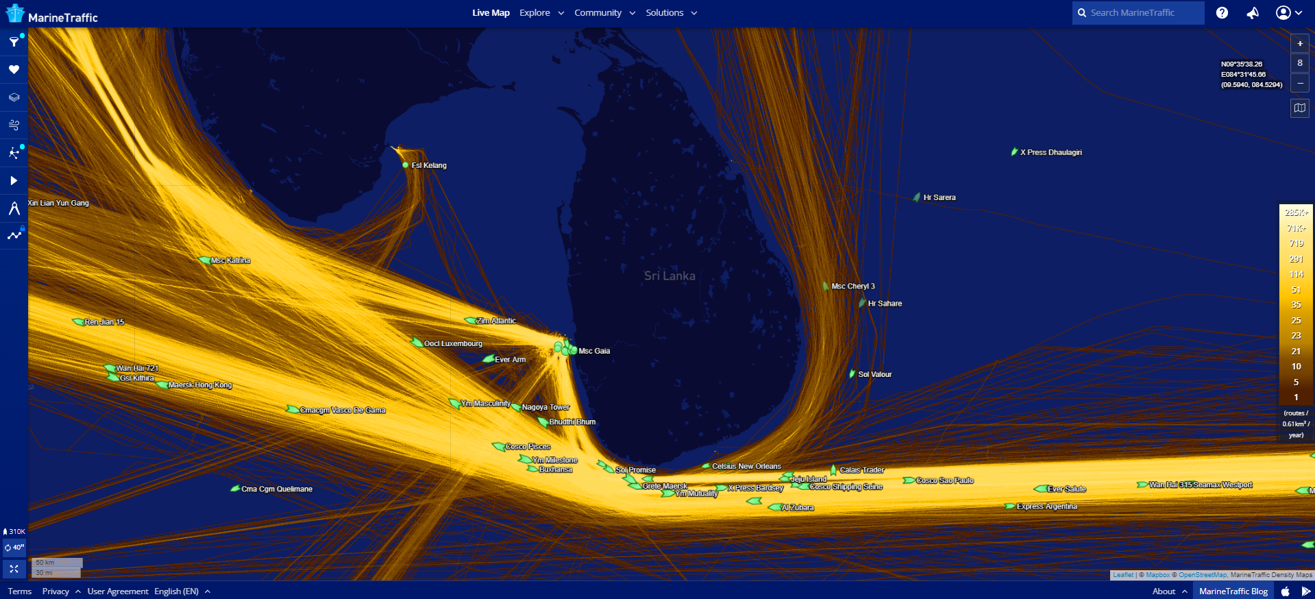 The busy shipping route along the south coast of Sri Lanka is popular with box carriers moving goods from east to west. It is also an important breeding ground for blue whales. Image: MarineTraffic Density Maps 2021